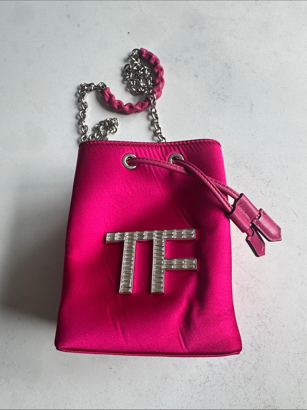 Tom Ford Fuchsia Satin Bucket Bag with Silver TF Logo